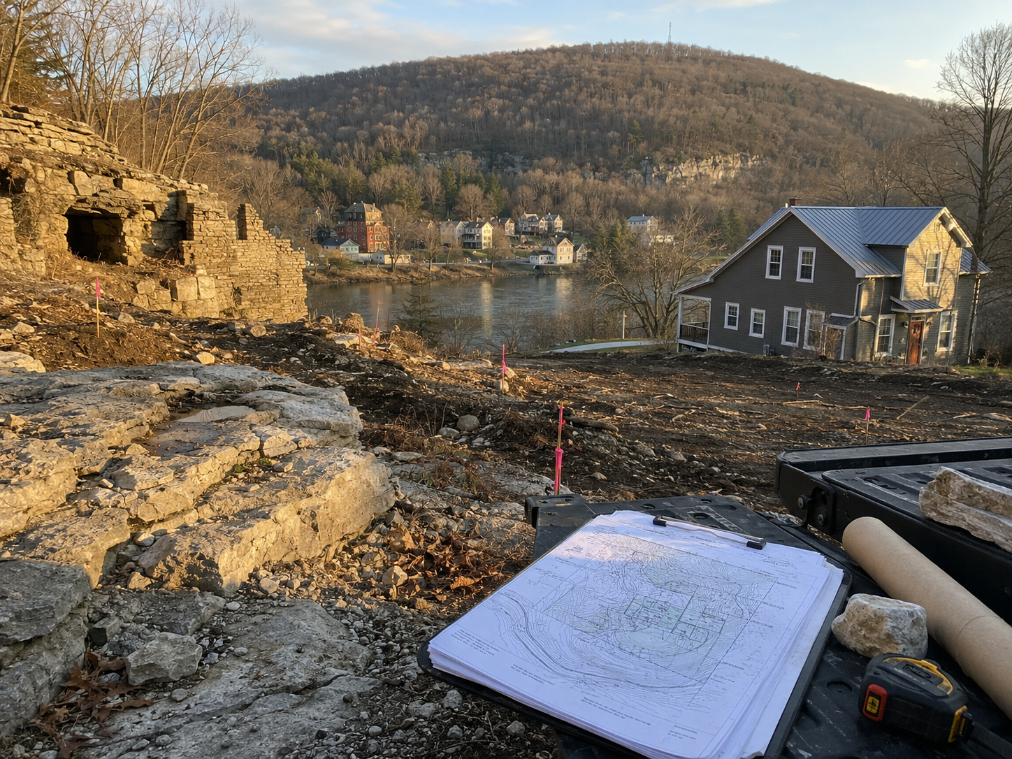Rocky Rosendale, NY building site with exposed bedrock, old stone ruins, survey plans, and nearby homes along the water beneath a hillside.