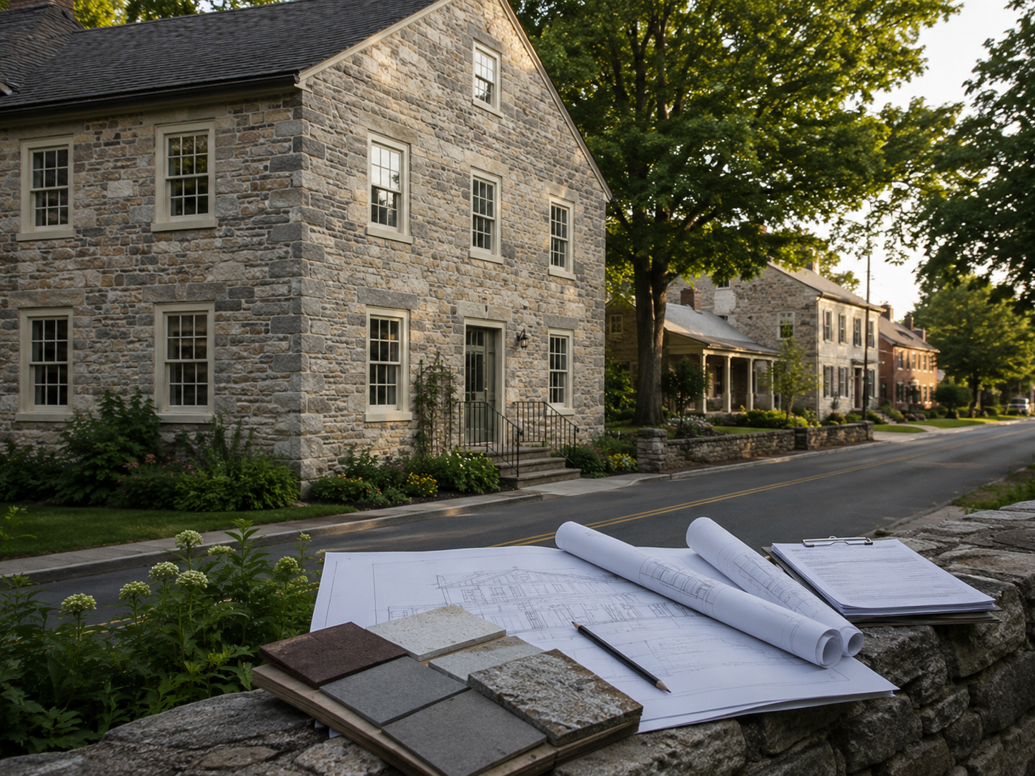 Historic Stone Ridge, NY limestone home with architectural plans, material samples, and permit documents for exterior renovation planning.