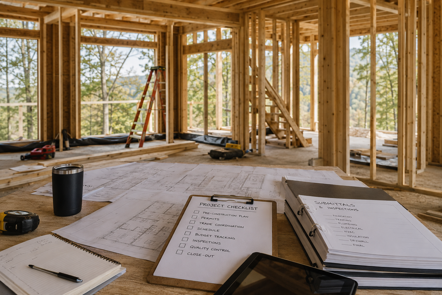 General contracting project table with construction drawings, schedule documents, inspection notes, and tools inside a framed custom home under construction.