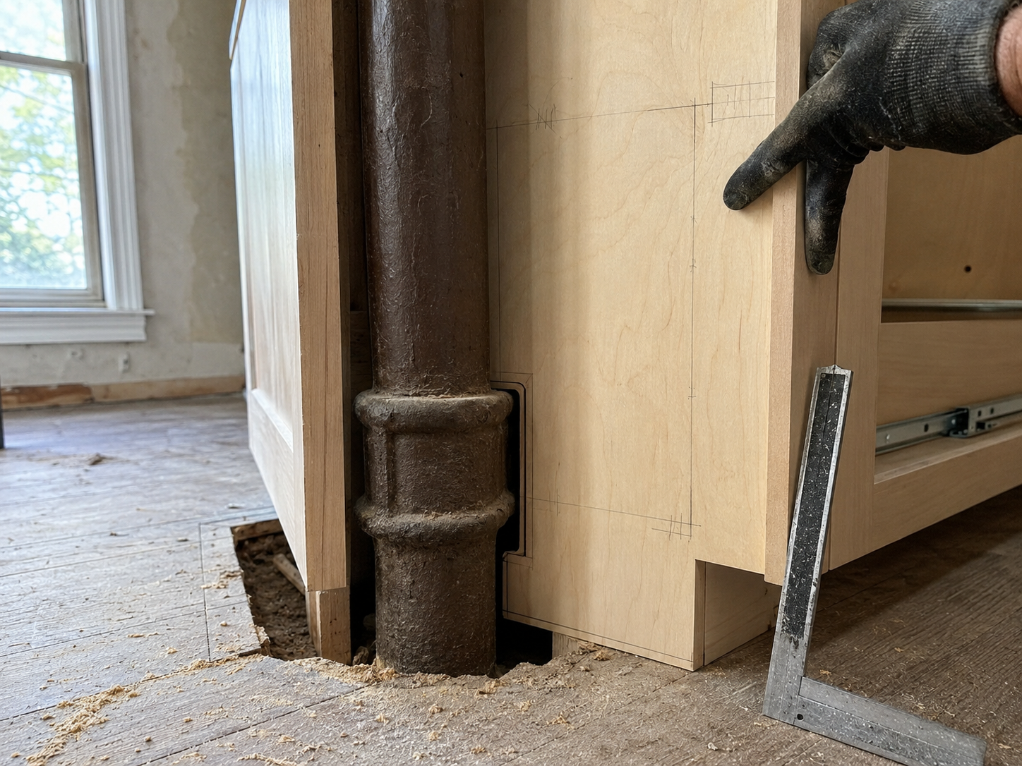 Custom kitchen cabinet precisely measured and scribed around an original cast-iron plumbing stack during an older-home remodel.