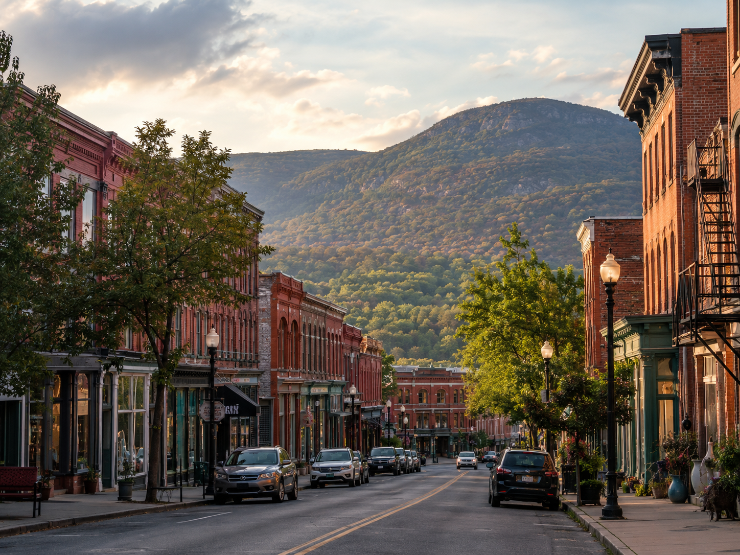 Beacon, NY Main Street with historic brick storefronts, parked cars, mature street trees, and Mount Beacon in the background.