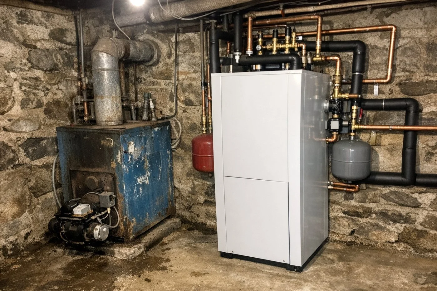 Old oil boiler next to a new heat pump hydronic unit in a basement