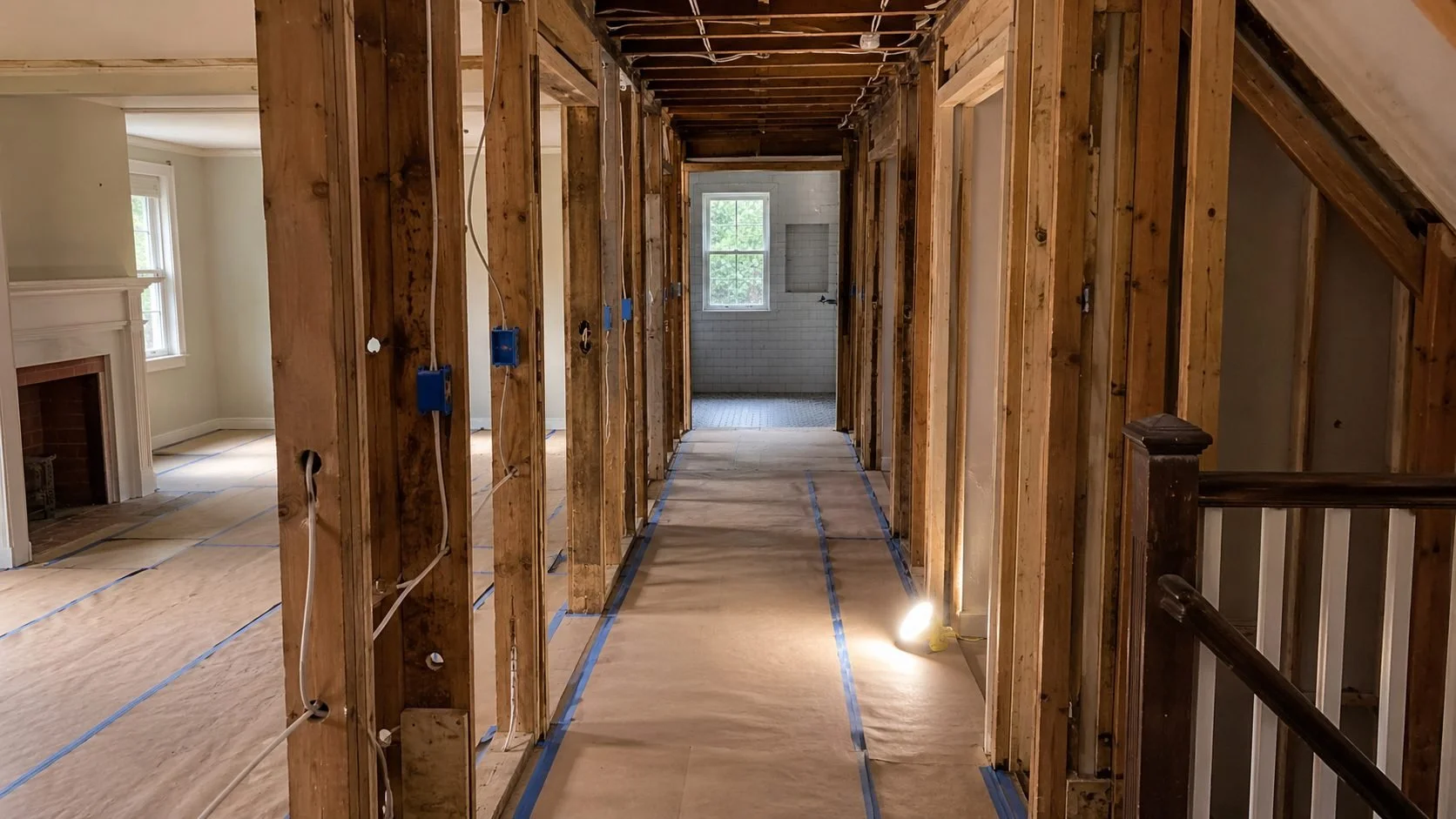 Organized whole-home renovation hallway in an older Hudson Valley home with exposed framing, protected floors, neatly run electrical wiring, and new tile visible in the room beyond.