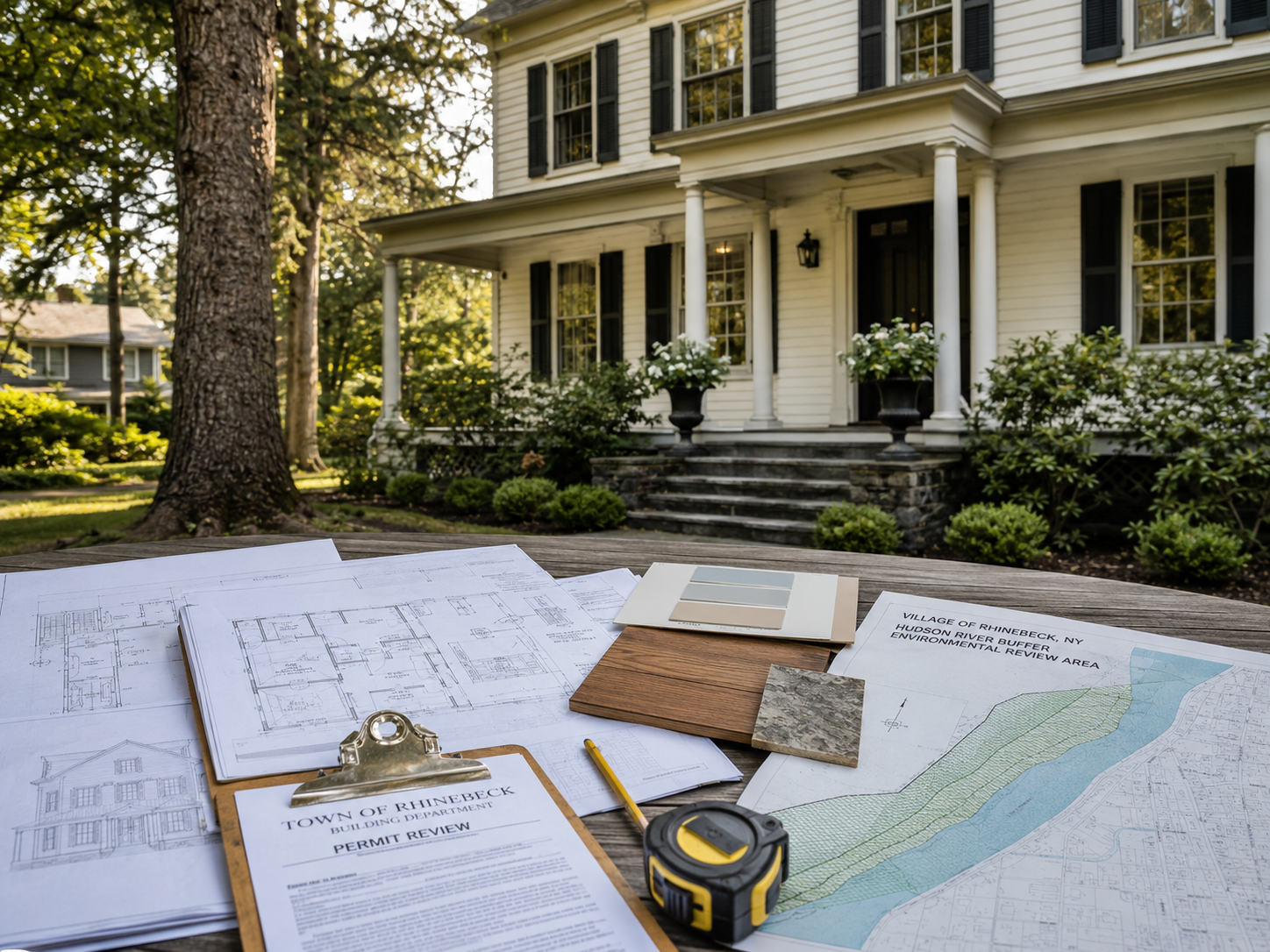 Architectural plans, permit documents, material samples, and a Hudson River buffer map displayed on a table in front of a historic Rhinebeck home.
