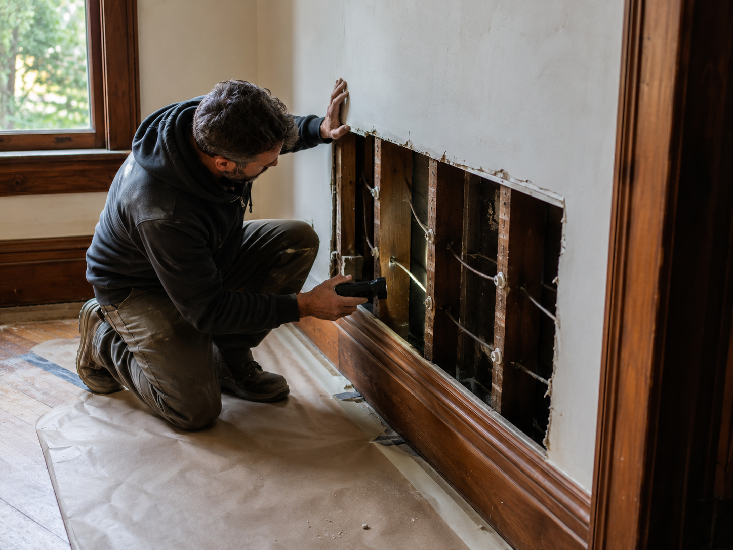 Contractor inspecting an opened wall cavity in an older Hudson Valley home, revealing original balloon framing, empty stud bays, old wiring, and protected floors during renovation assessment.
