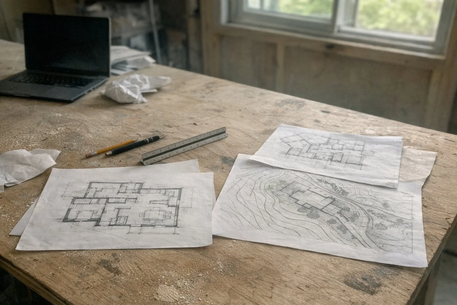 Custom home floor plans and a site plan on a design table