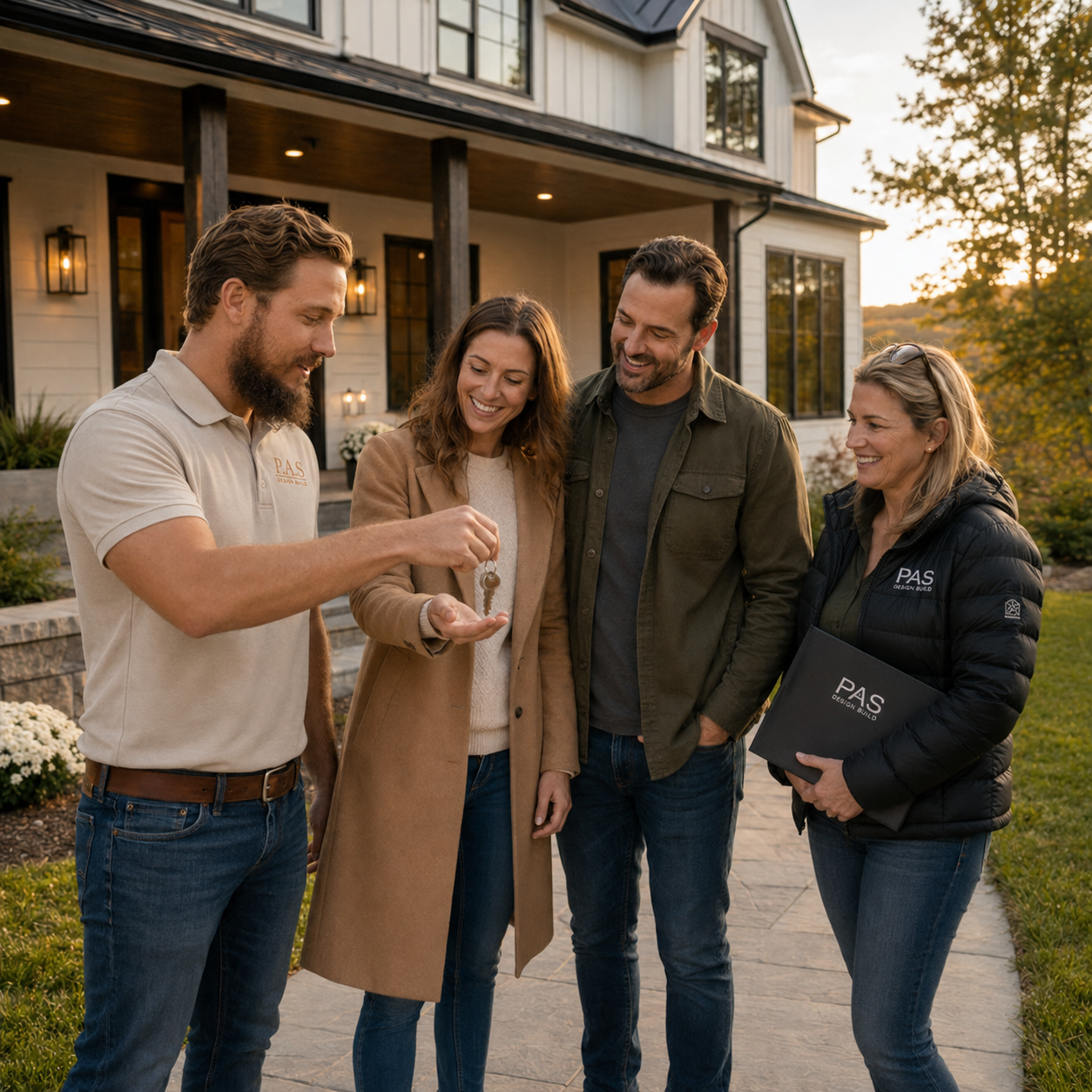 P.A.S. Design Build team member handing house keys to happy homeowners in front of a newly completed custom home at sunset.