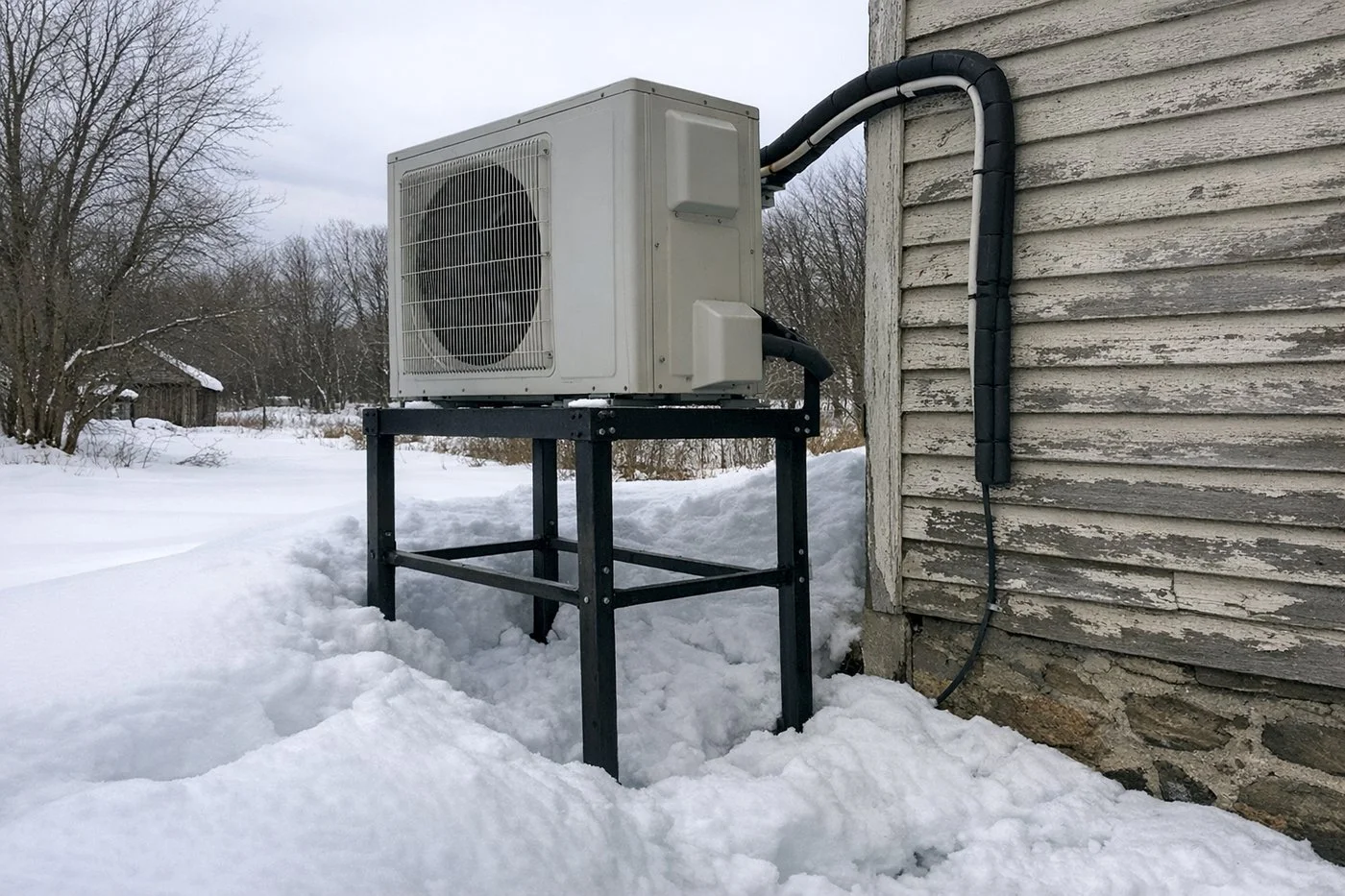 Heat pump outdoor unit on a tall stand above deep snow