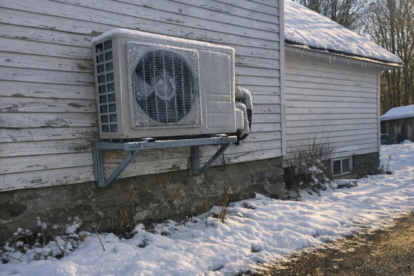 Heat pump outdoor unit on a raised bracket beside a snowy farmhouse