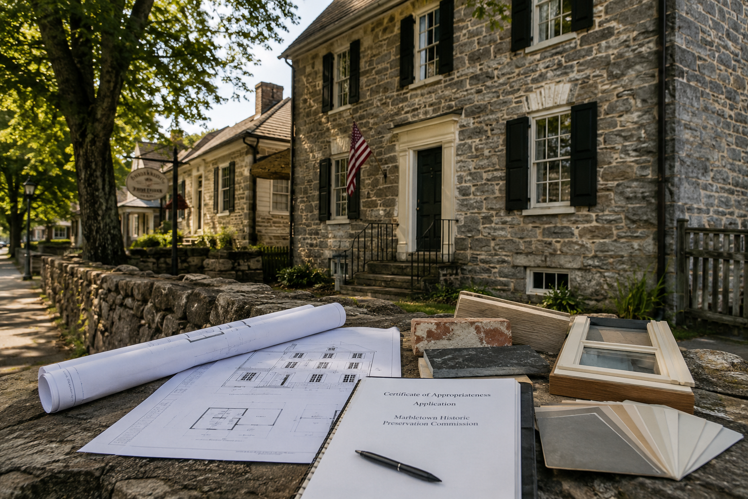 Historic Stone Ridge, NY limestone home with architectural plans, window samples, masonry materials, and Certificate of Appropriateness paperwork for exterior renovation review.