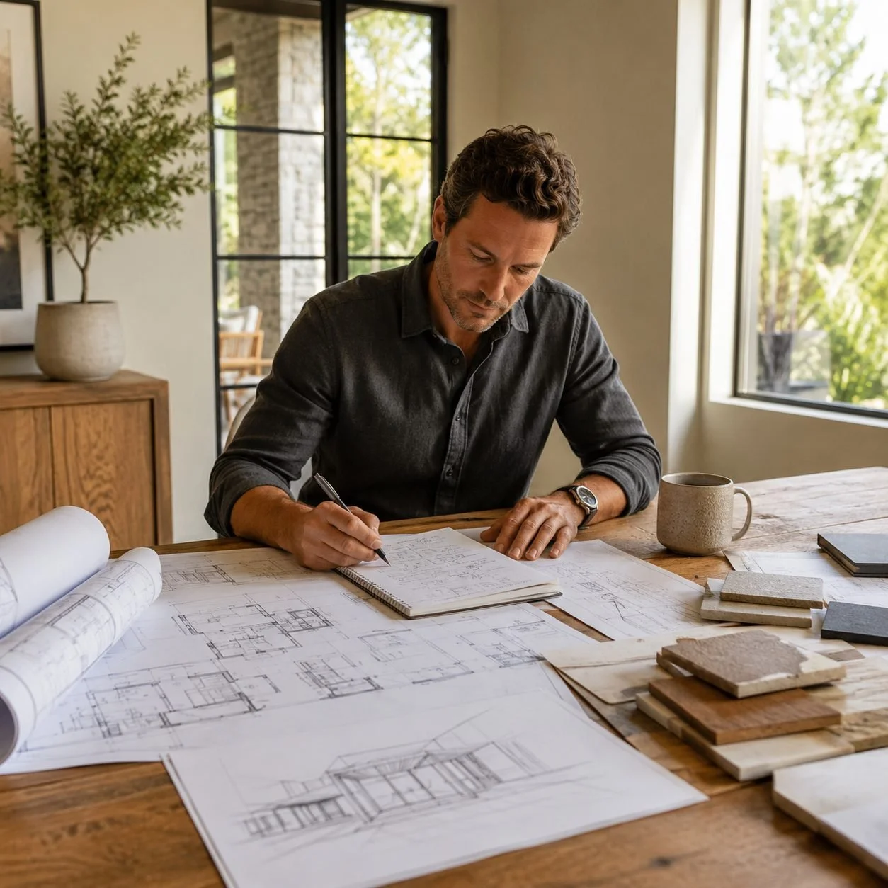 Homeowner reviewing architectural drawings