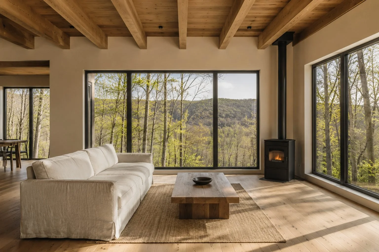 Modern living room wooded hillside view