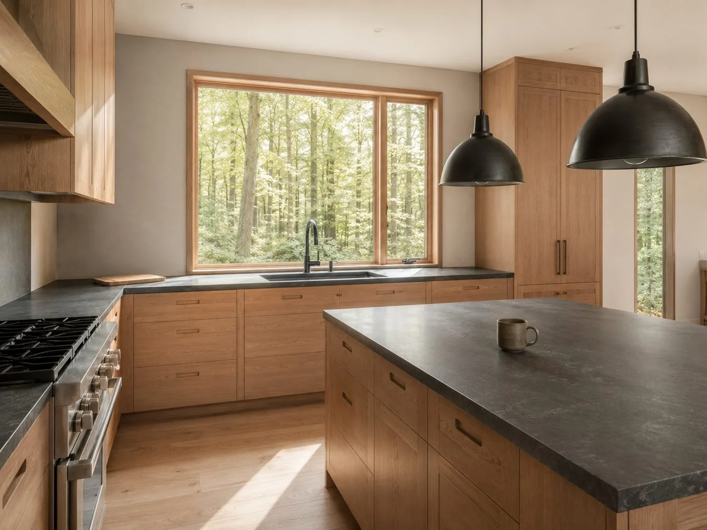 Modern white oak kitchen forest view