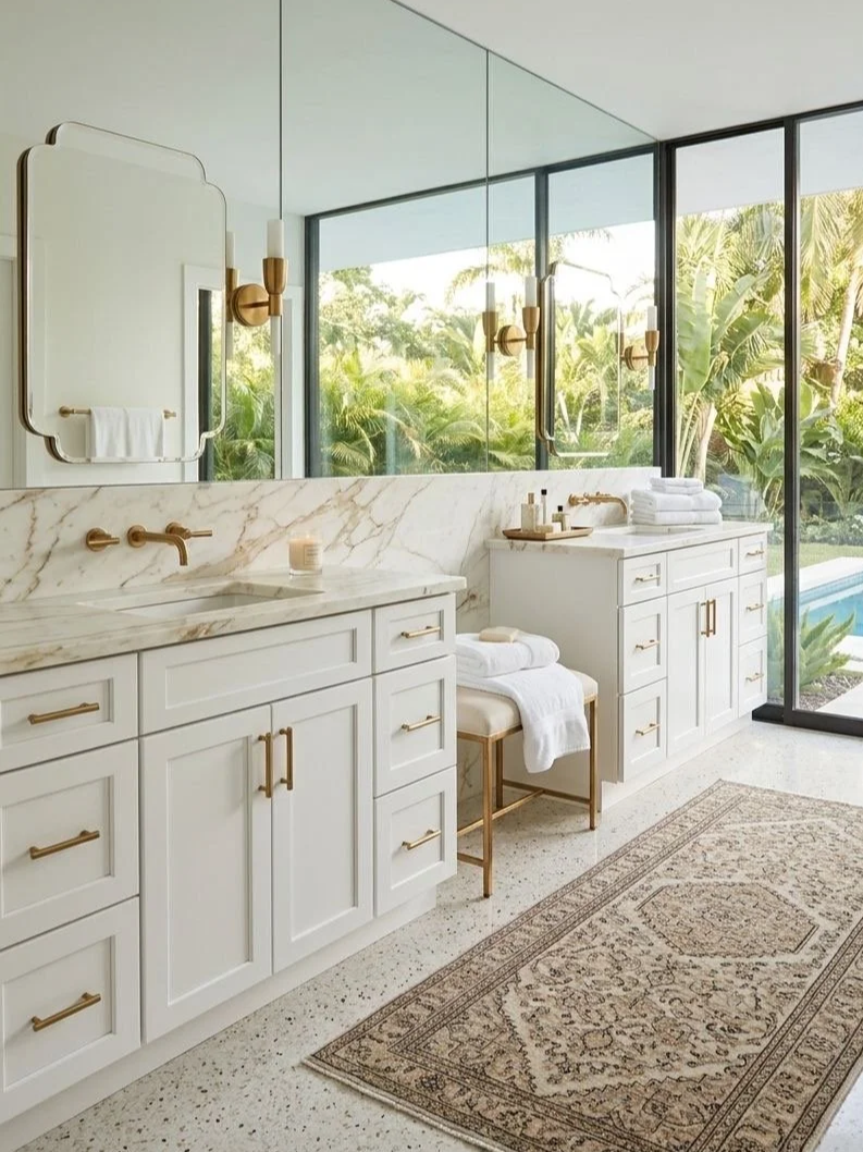 Modern bathroom with white cabinets, marble countertops, gold fixtures, a large mirror, and large glass windows showing greenery outside.