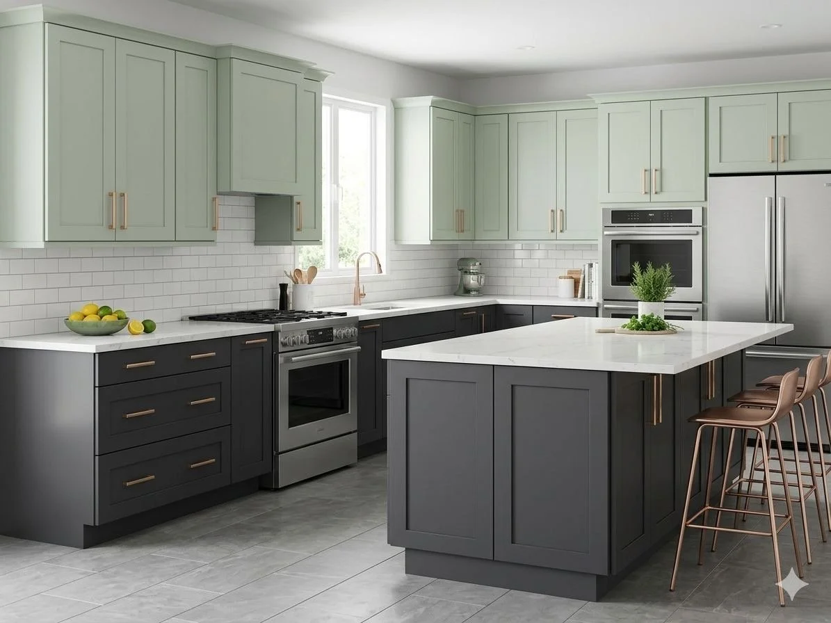 Modern kitchen with green upper cabinets and dark gray lower cabinets, white marble countertops, and stainless steel appliances. There is a kitchen island with seating, a bowl of lemons, and a potted plant.