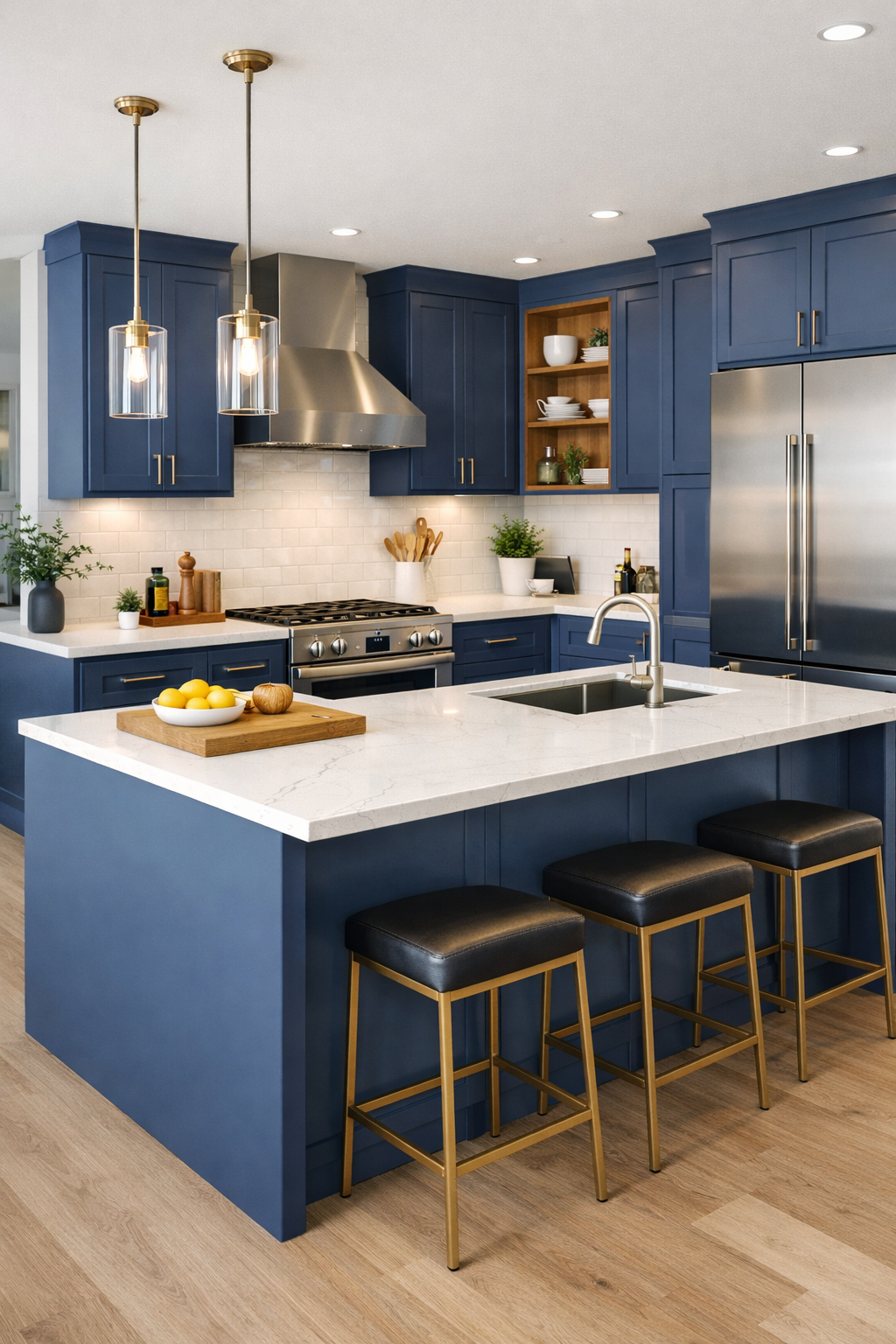 Modern kitchen with blue cabinets, white countertops, and a central island with bar stools. Stainless steel appliances including a refrigerator and a range hood, with open shelving and decorative plants.