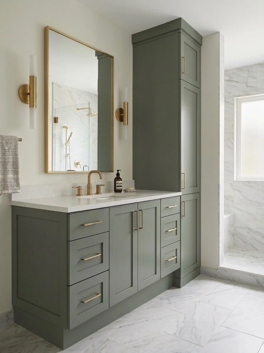 Gray bathroom vanity with a white countertop, gold hardware, a sink, and a large mirror above. There are two wall-mounted gold and white light fixtures on either side of the mirror. A towel hangs on a rail to the left, and a shower with marble walls and a window is visible to the right.