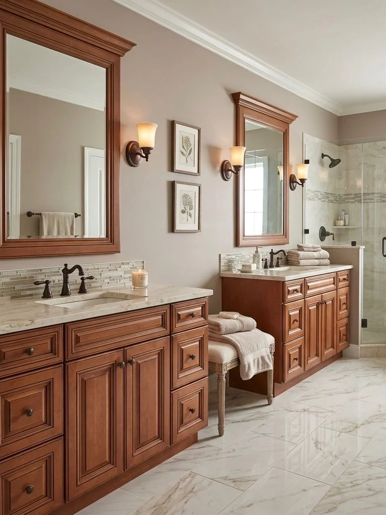 A luxurious bathroom with two wooden vanities, each with marble countertops, framed mirrors, and wall-mounted lights. There are two framed botanical prints on the wall, a small cushioned bench with folded towels, and a glass-enclosed shower with a tiled interior.