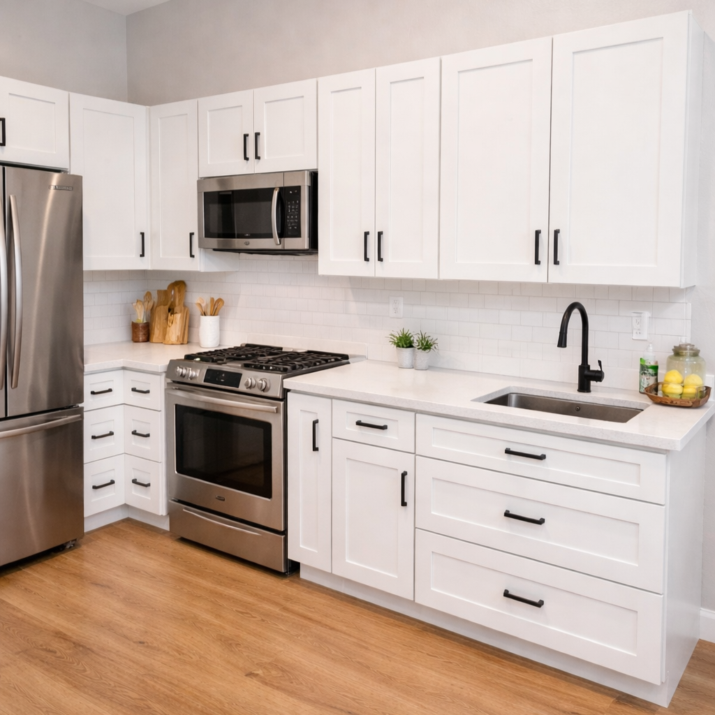 Modern kitchen with white cabinets, stainless steel appliances, a black faucet, and light wood flooring.