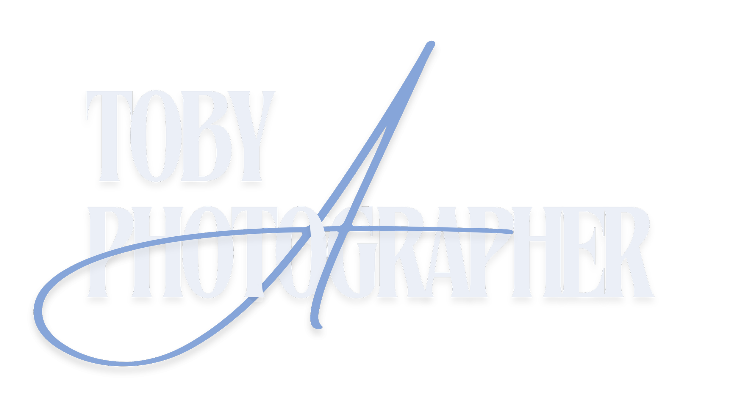 Logo with large text reading 'Toby A Photographer' and decorative blue script lines.