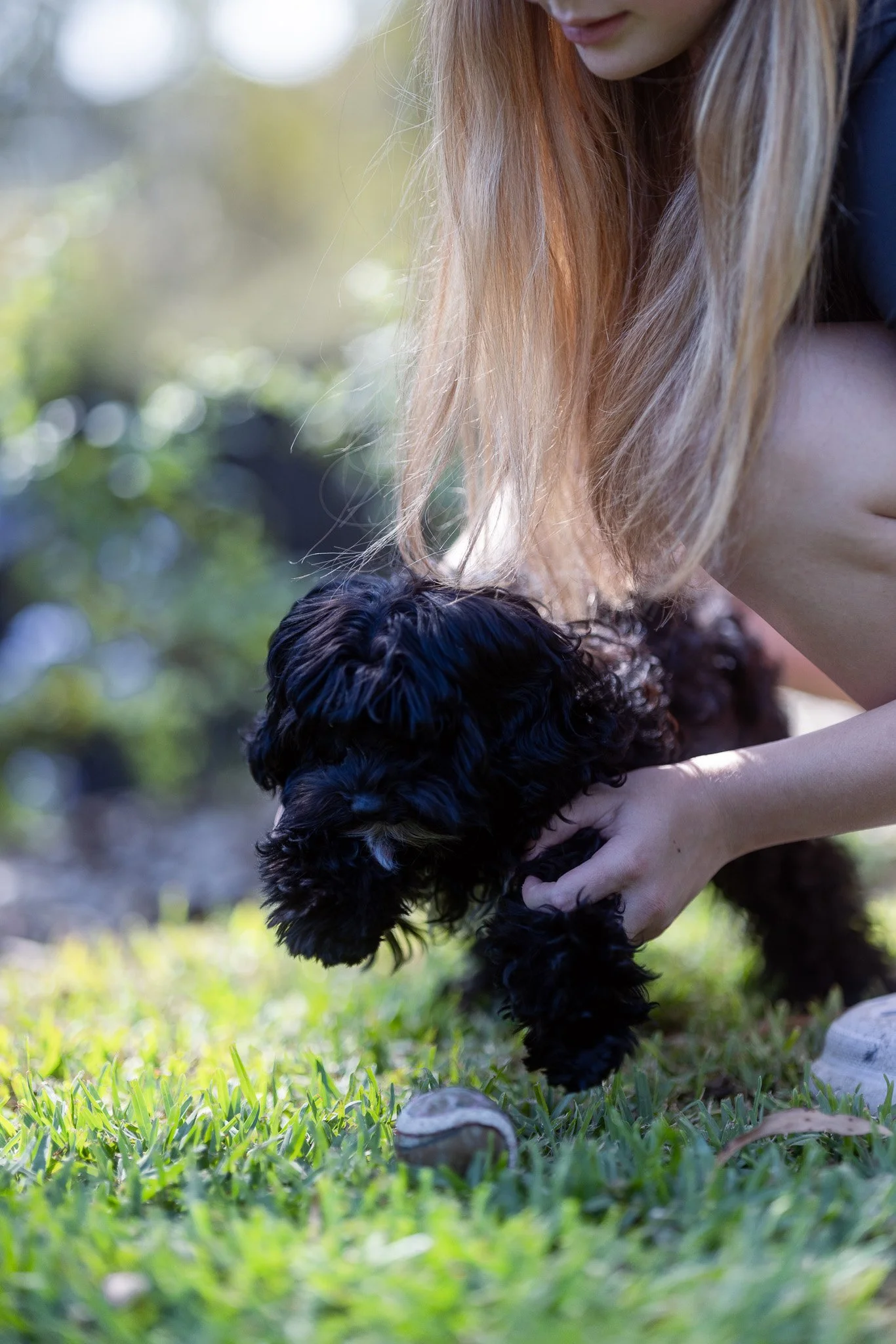 A woman with long blonde hair crouches on the grass holding a small black puppy with curly fur, outdoors with sunlight and greenery in the background.