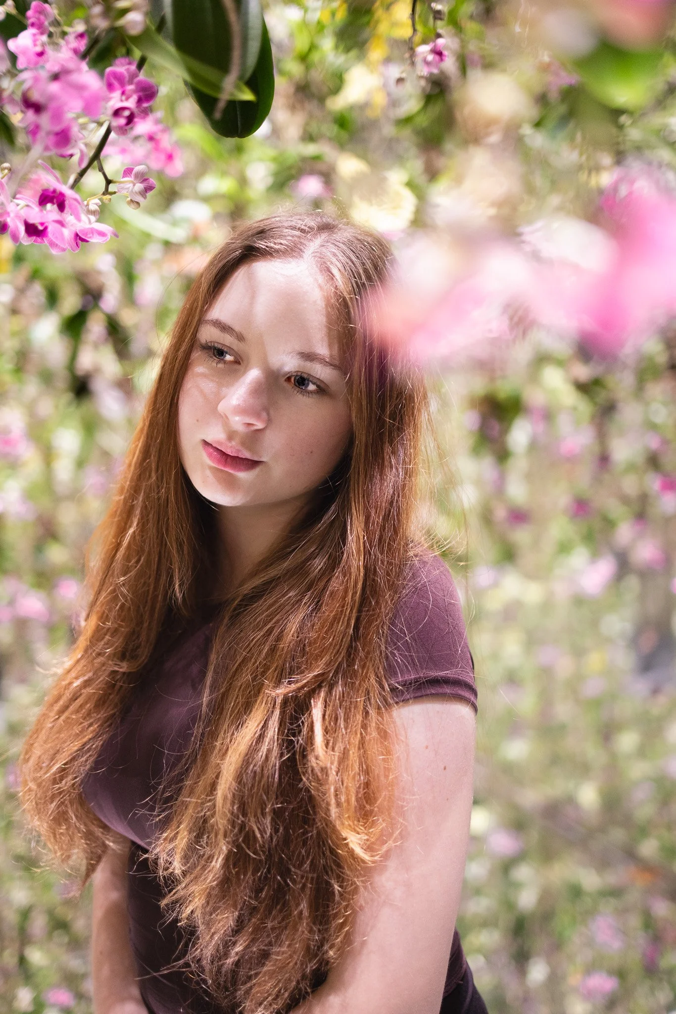 A young woman with long auburn hair and a burgundy shirt standing among pink and purple orchids.