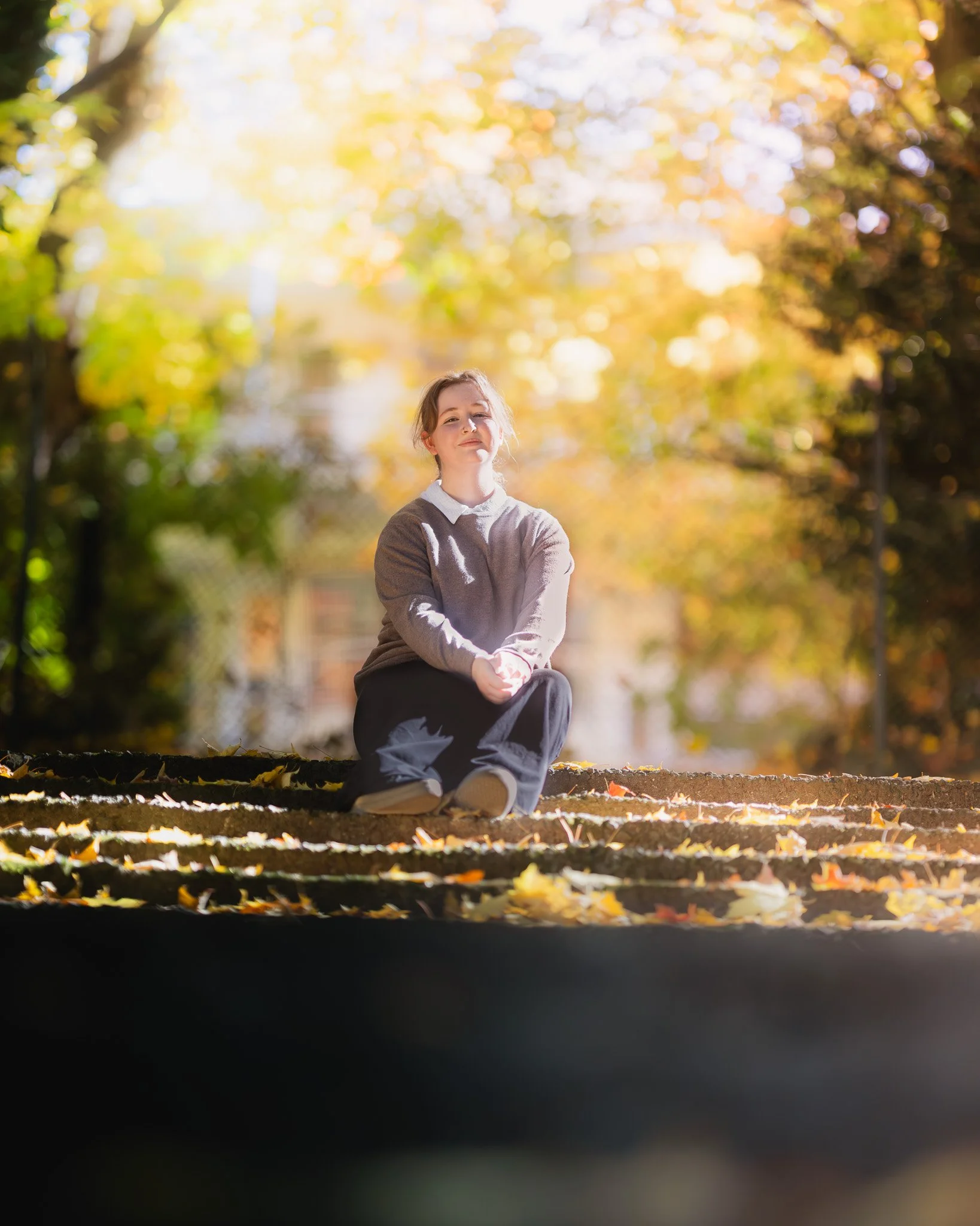A person sitting on the ground outdoors surrounded by fall leaves and trees with vibrant autumn foliage, illuminated by sunlight.