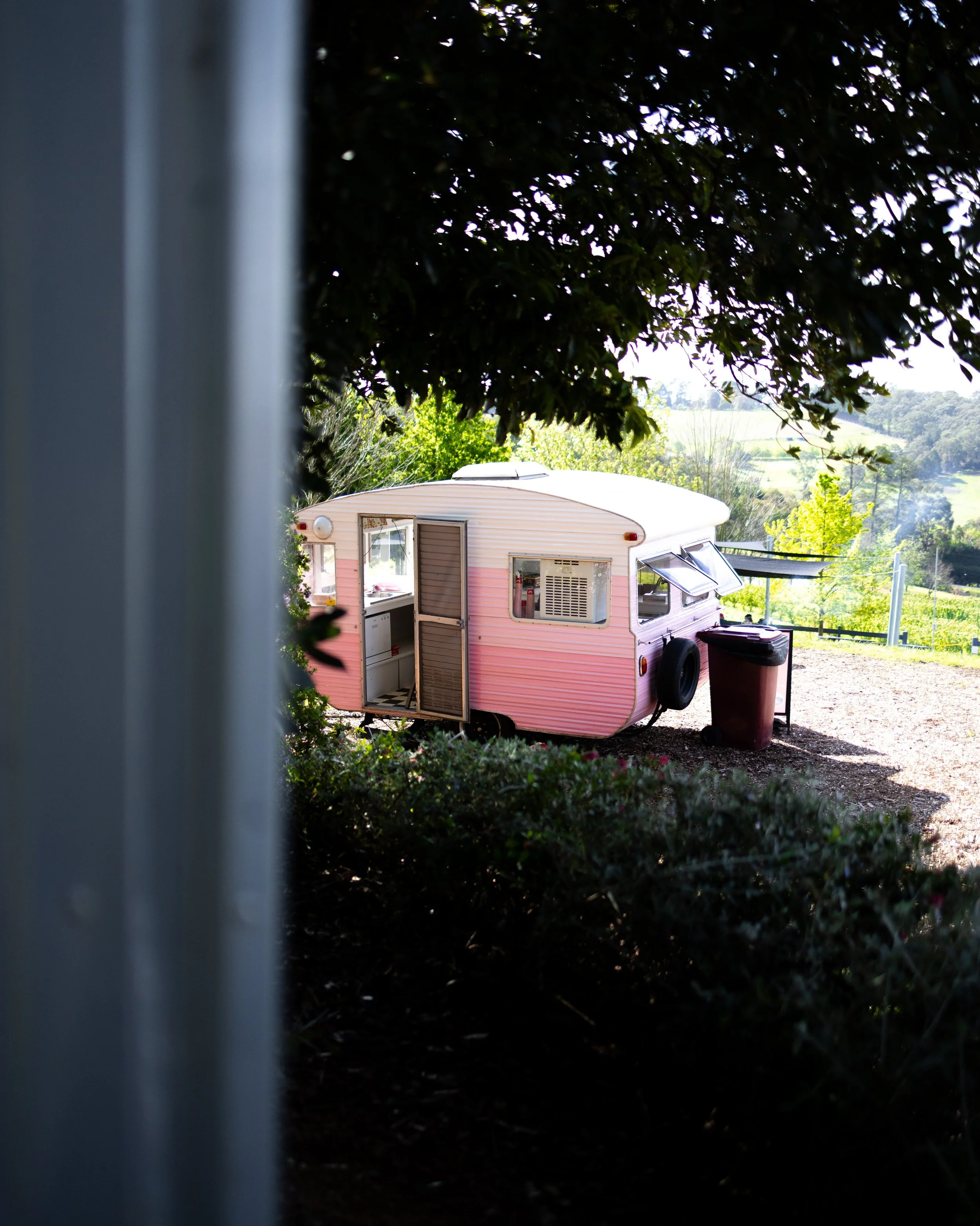 A pink vintage camper trailer parked outdoors, partially viewed through tree branches, with a trash can nearby and a scenic landscape in the background.