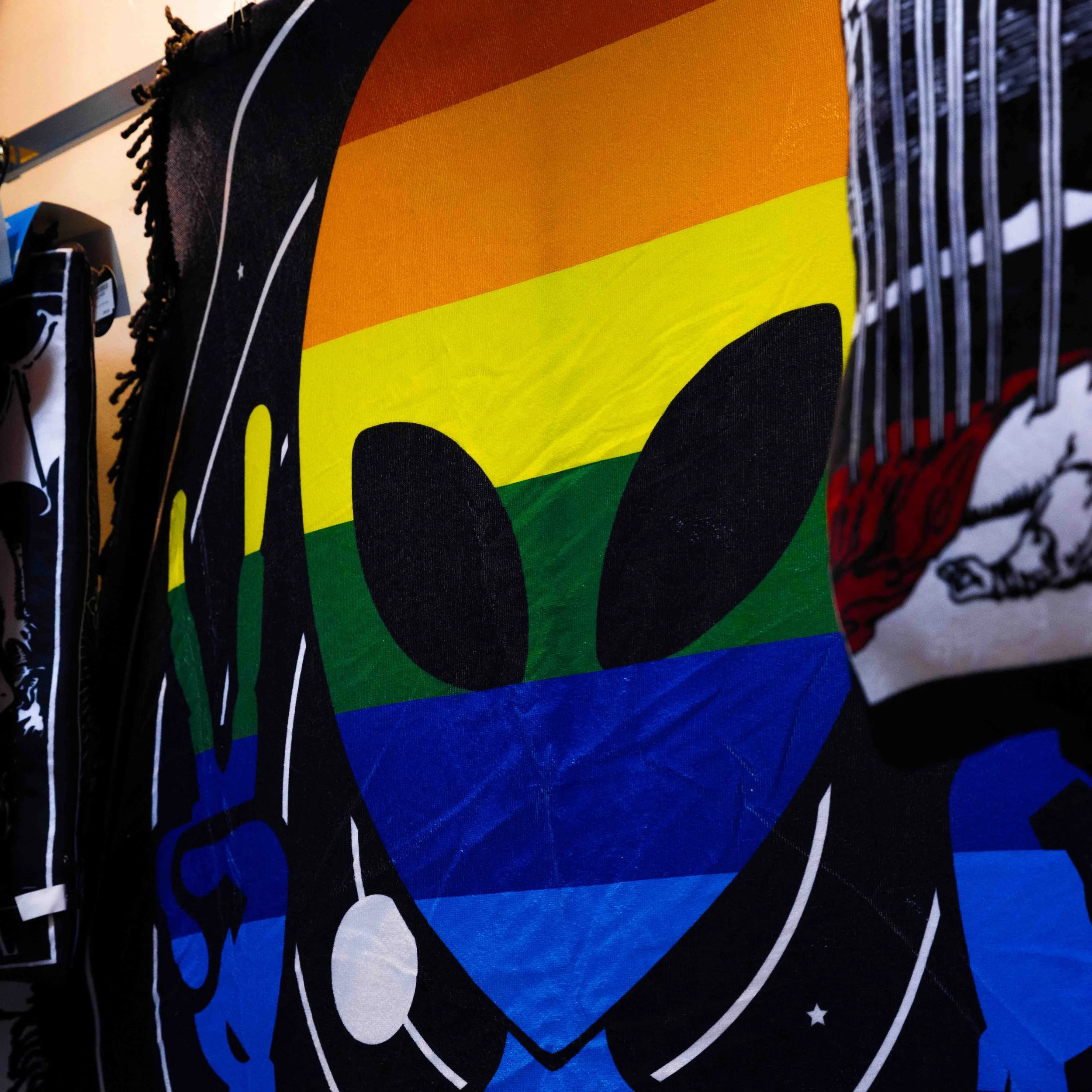 A fabric with an image of an alien head overlaid with a rainbow pride flag and the word 'SPACE' in white and blue text.