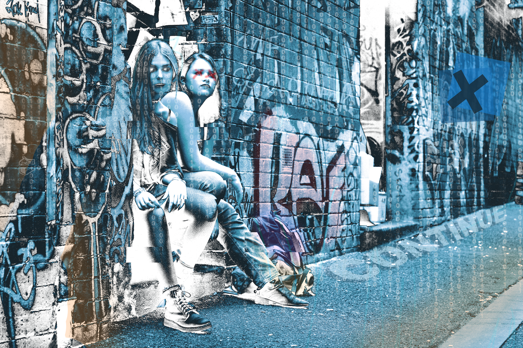 Two women sitting against a graffiti-covered brick wall in an urban alleyway, with digital overlay of binary code and a blue 'X' symbol.