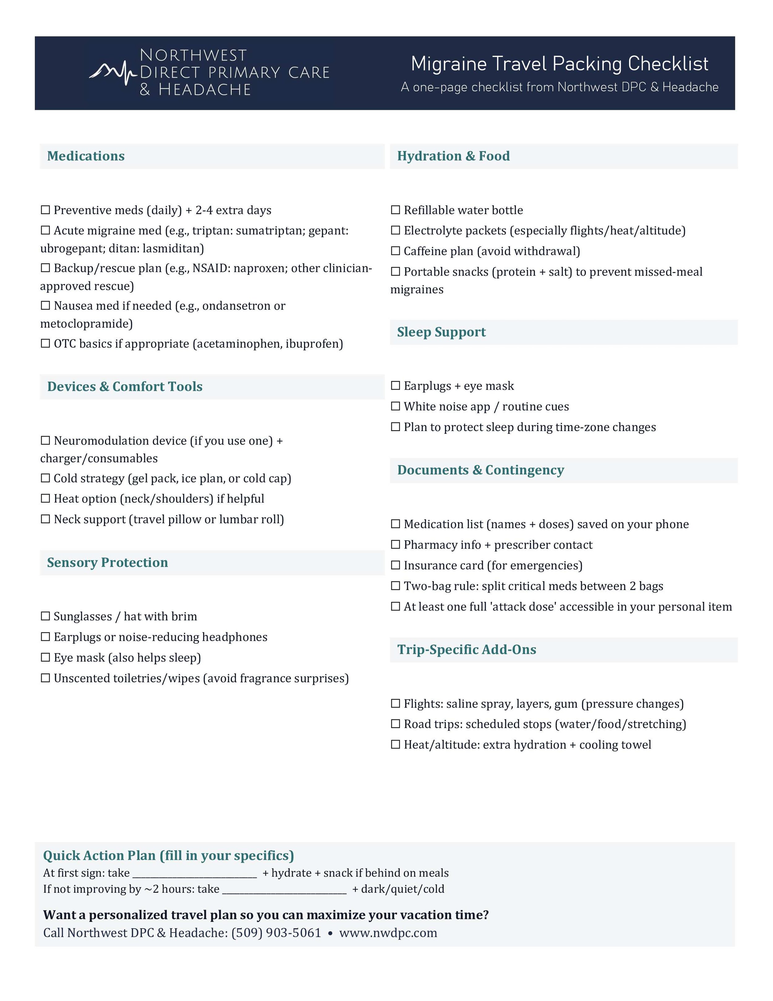 Migraine Travel Checklist sheet