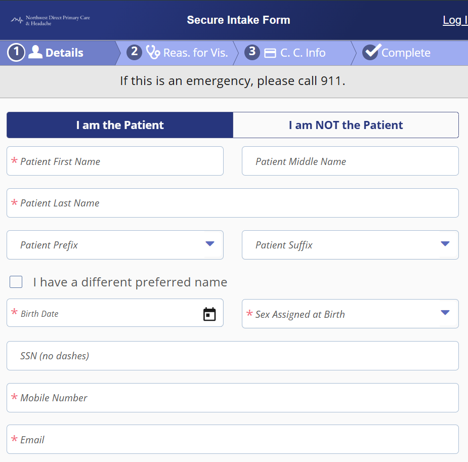 Screenshot of a medical secure intake form titled 'Northwest Direct Primary Care & Headache.' The form has sections for patient details, including name, birth date, social security number, mobile number, and email, with some fields marked as required. It instructs calling 911 in an emergency.