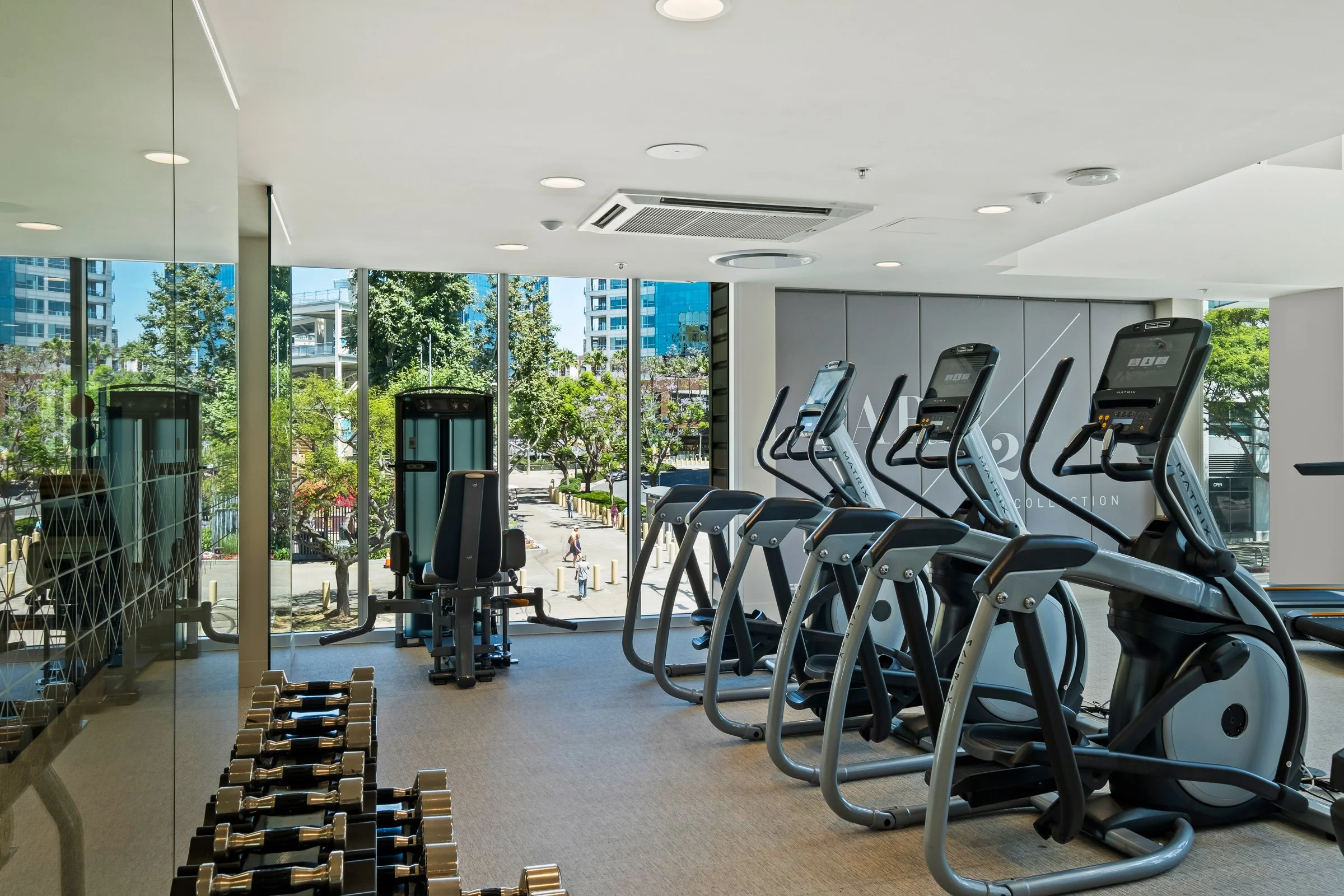 Indoor gym with multiple cardio machines including treadmills and elliptical trainers, dumbbells, and large windows showing cityscape and trees outside.