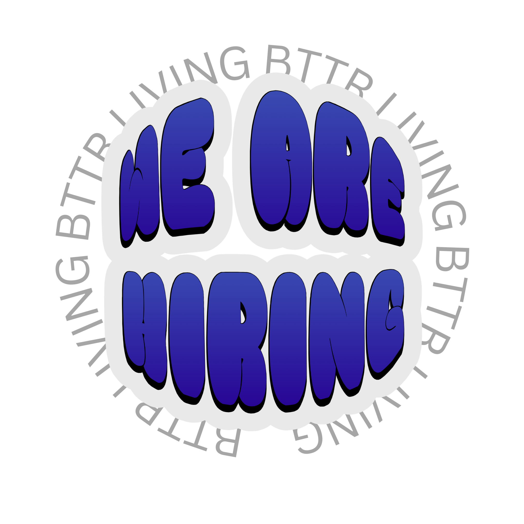 Texto en estilo burbuja que reza "We Are Hiring" en tonos azules y morados con fondo blanco y contorno negro.