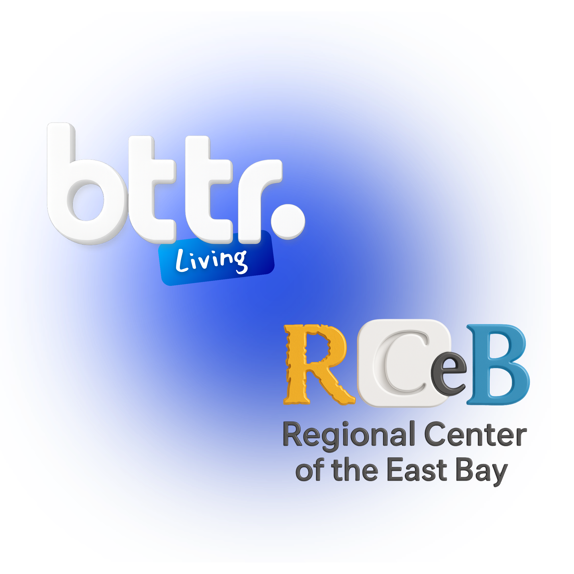 Logo for BTR Living, Regional Center of the East Bay, with colorful initials R C B and blue background.