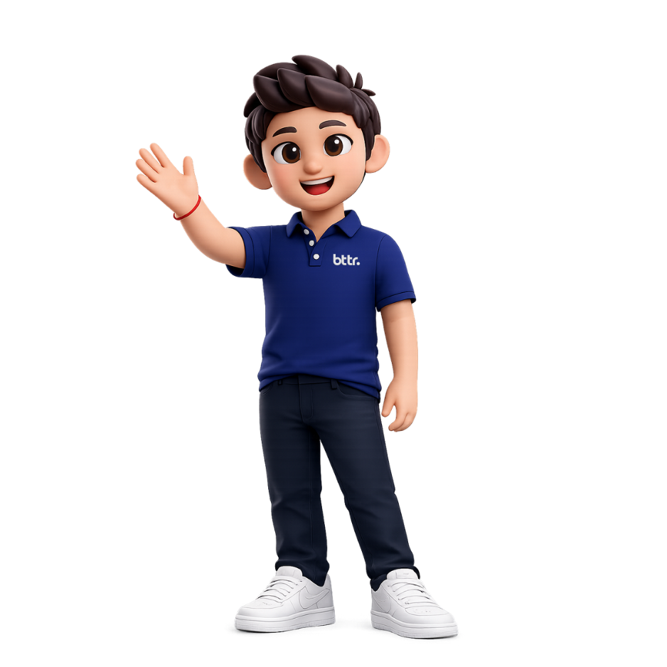 Animated boy with brown hair wearing a blue polo shirt with 'bttr.' logo, black pants, and white sneakers, waving and smiling.