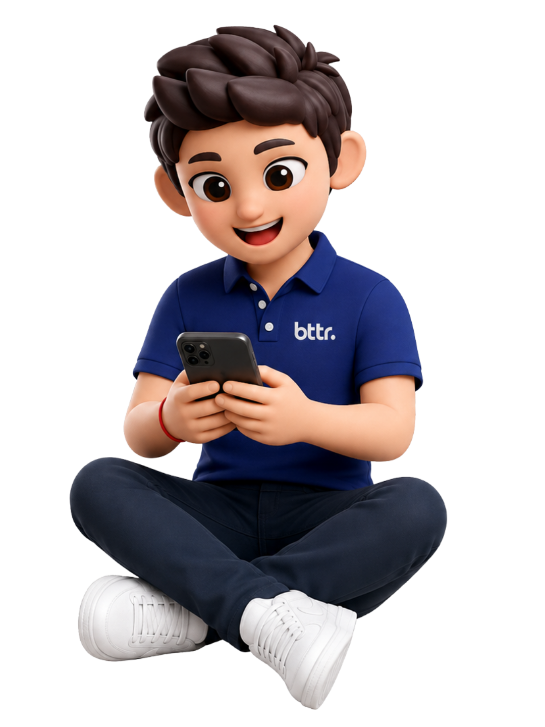 BTTR Living cartoon mascot sitting cross-legged with a smartphone, wearing a blue BTTR polo shirt.