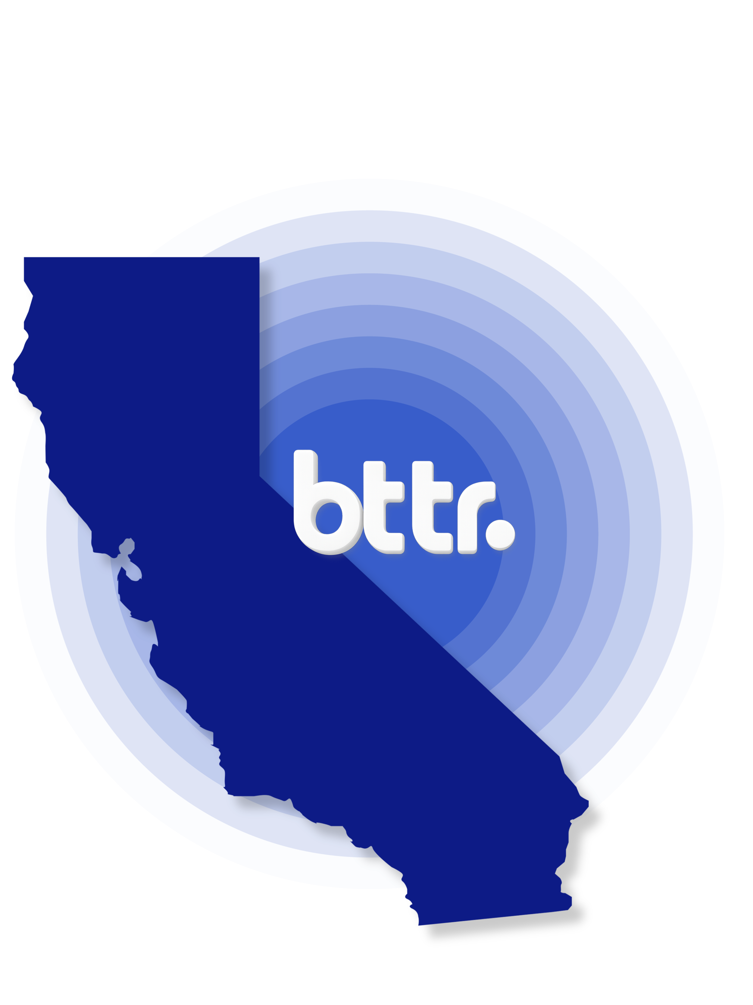 Gráfico del estado de California en azul oscuro con un círculo azul en 3D detrás. Las letras "btr." aparecen en blanco en el centro del círculo.