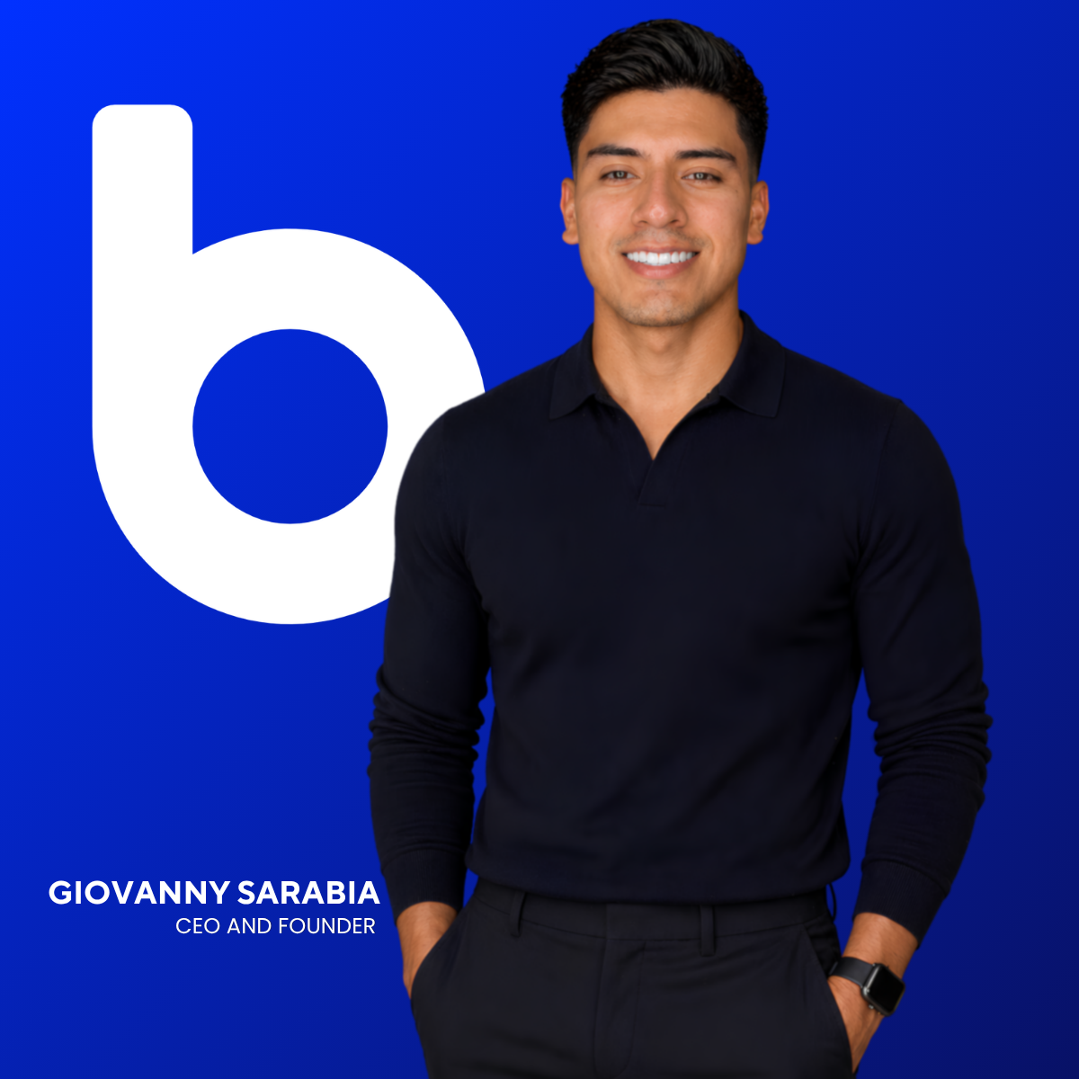 Giovanny Sarabia, CEO and founder of BTTR Living, smiling in front of a blue background with the BTTR logo.