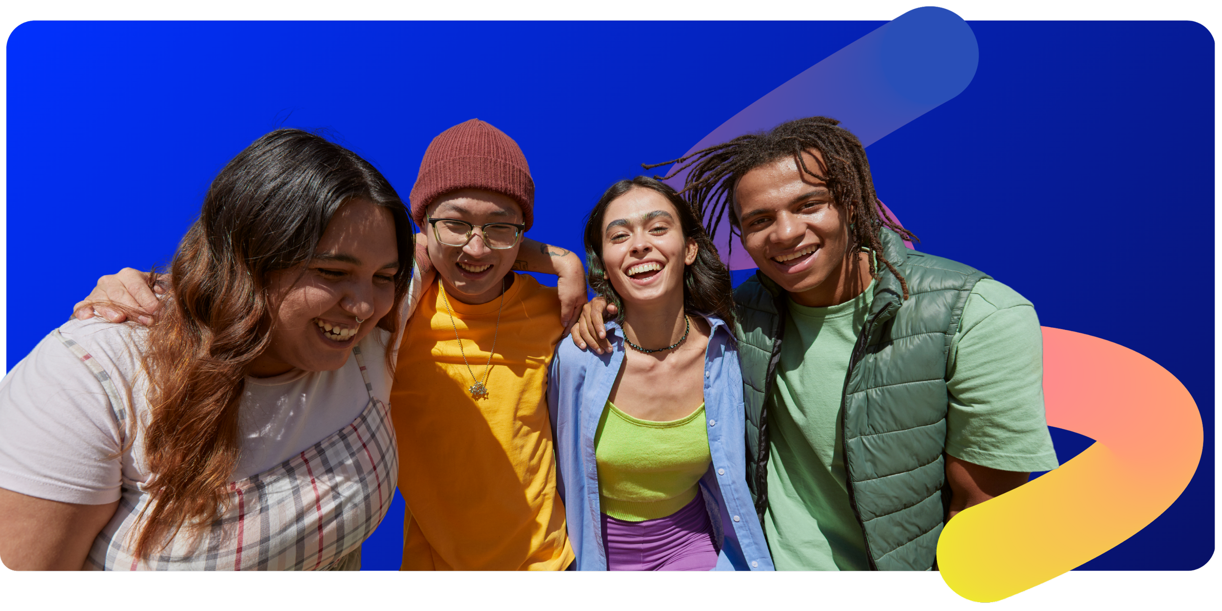 A group of five young people smiling and laughing together, holding each other against a bright blue background with colorful graphic elements.