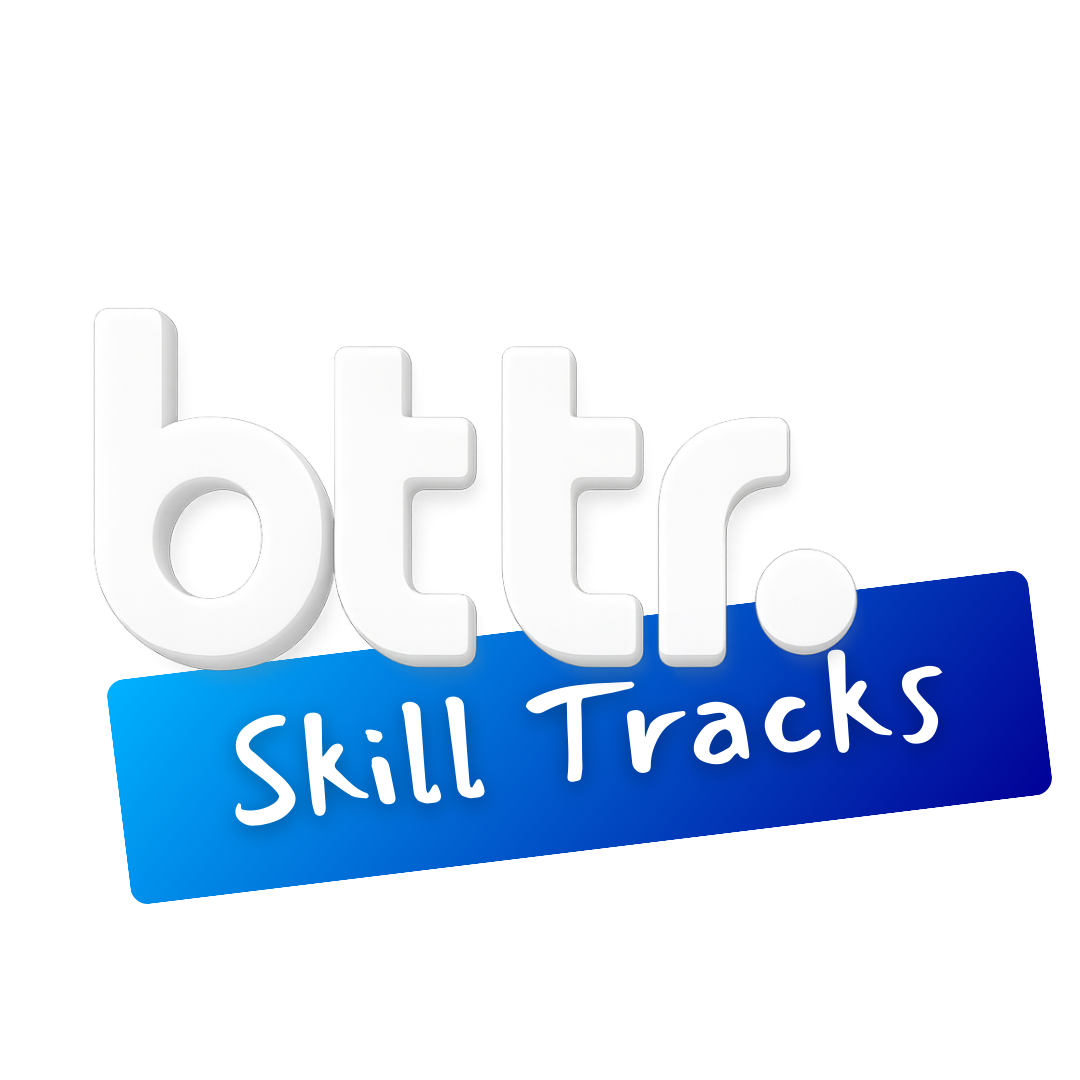 Logotipo de "Better Skill Tracks" con la palabra "better" en letras blancas 3D y "Skill Tracks" escrito a mano en blanco sobre un fondo de cinta azul.