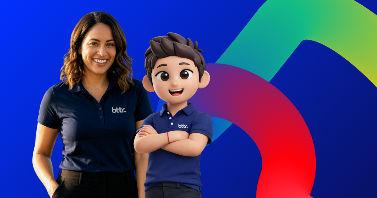 A parent and the BTTR Living cartoon mascot in matching blue BTTR shirts, representing the families and participants BTTR Living supports.