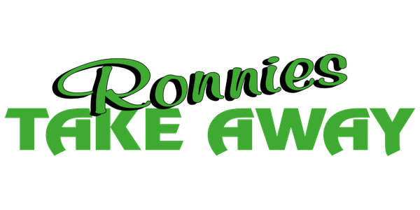 Text logo reading "Ronnies TAKE AWAY" in green on a black background.