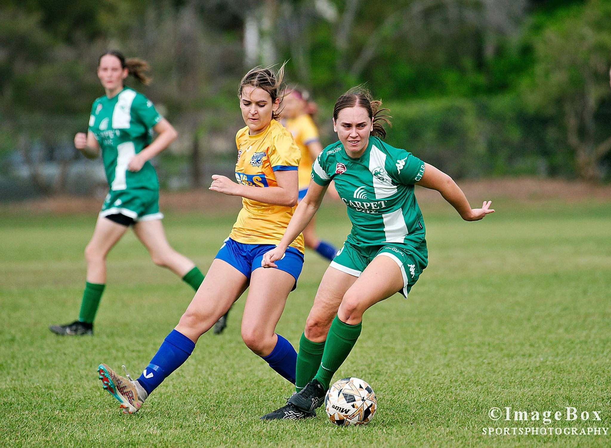 Women playing soccer on a grassy field, two players in green uniforms competing for the ball, with two players in yellow and blue uniforms in the background, trees in the distance.