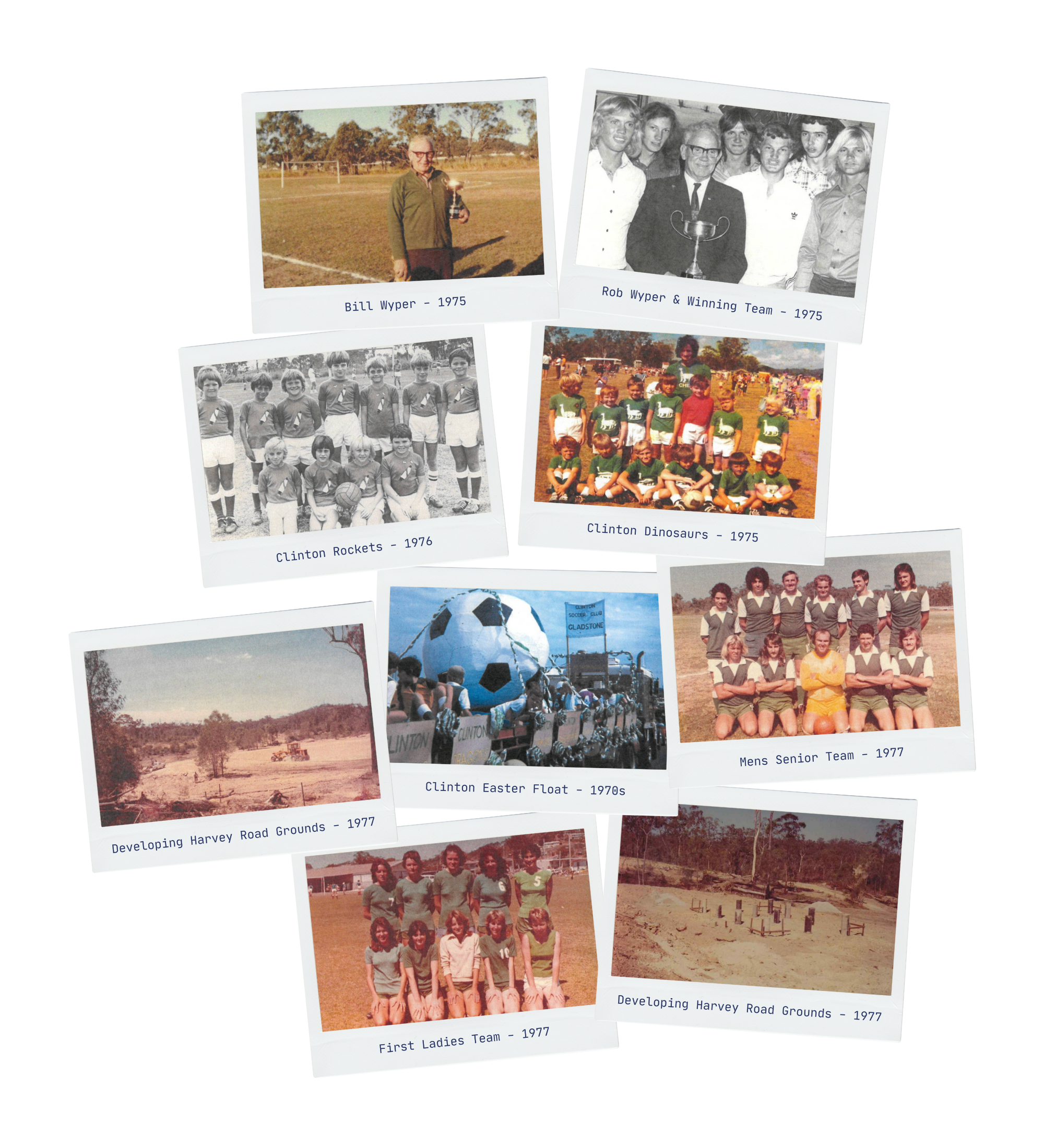 Collection of vintage photographs from the 1970s showing local sports teams and community events at Clinton, including a man holding a trophy, a group of people with a trophy, youth soccer teams, a float with a giant soccer ball, and scenes from Harvey Road Grounds development.