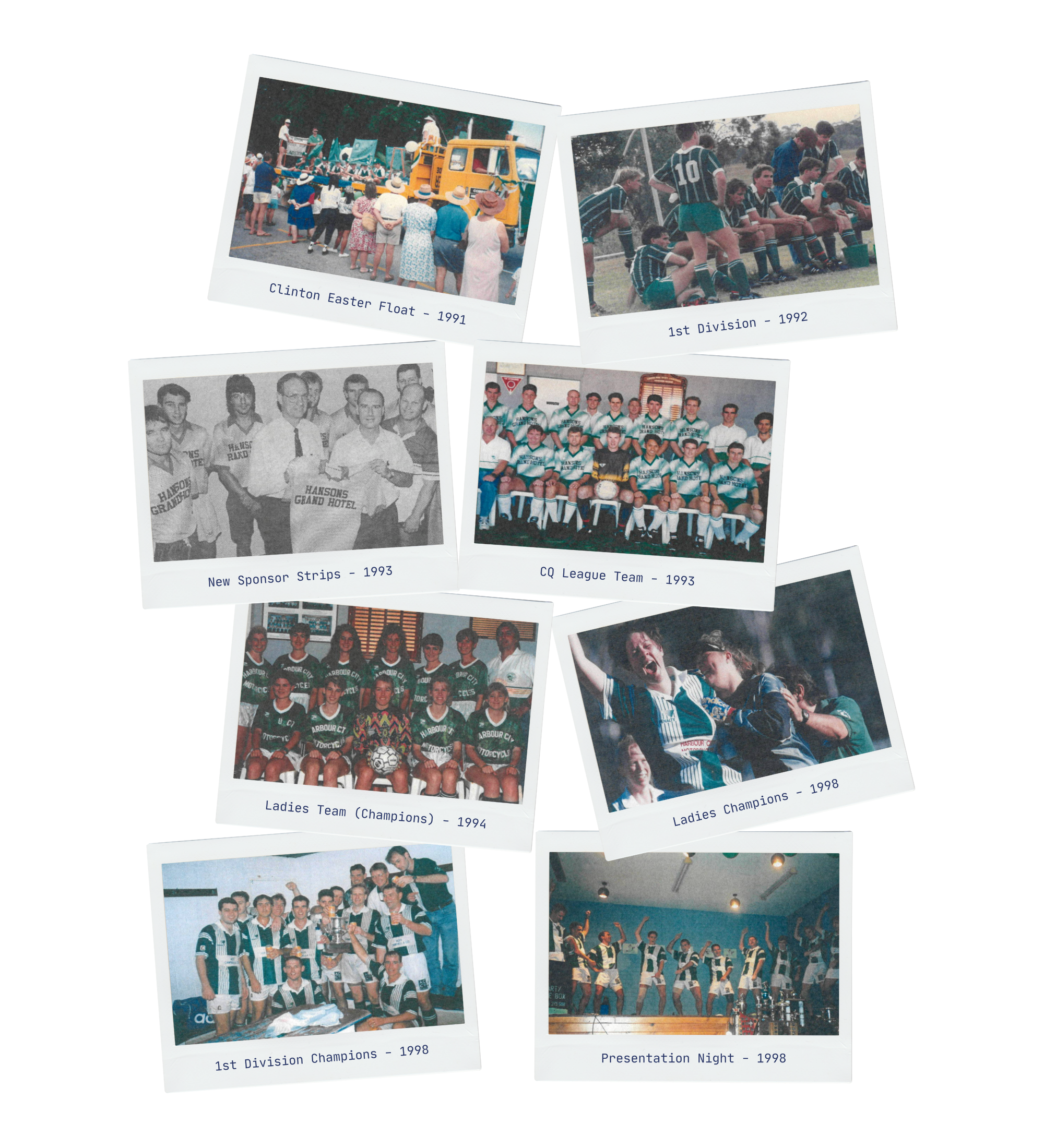 Collection of old photographs featuring team and event moments from the early 1990s, including rugby and soccer teams, award ceremonies, and celebrations, with captions indicating years from 1991 to 1998.