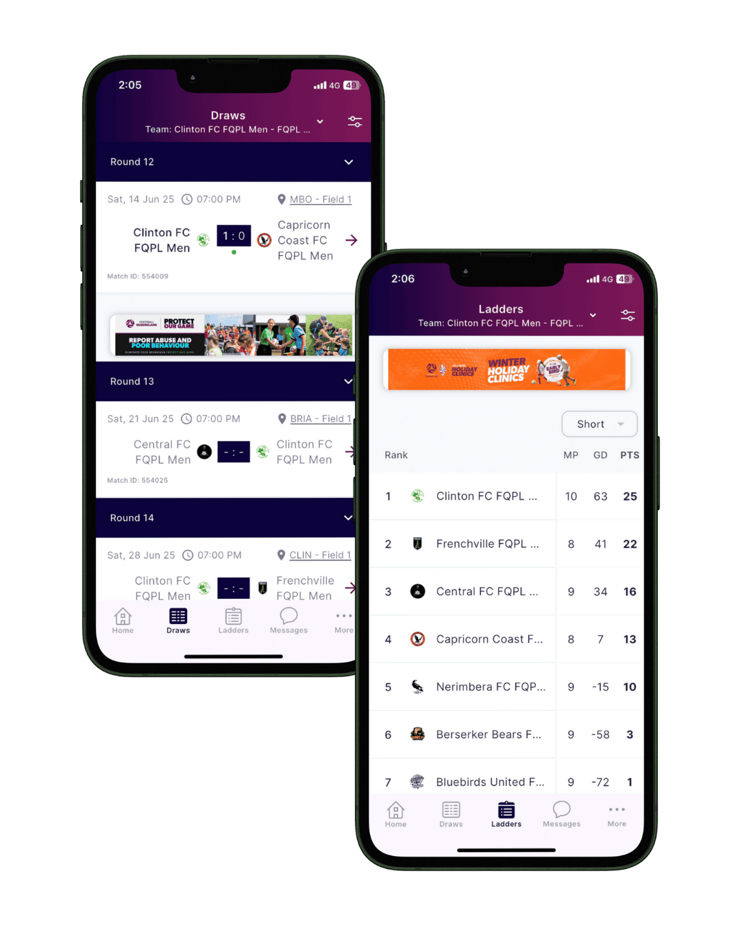 Two smartphones displaying sports team app screens. The left screen shows match schedules and scores for Clinton FC and other teams; the right screen shows team standings with rankings, points, and game stats for Clinton FC and other teams.