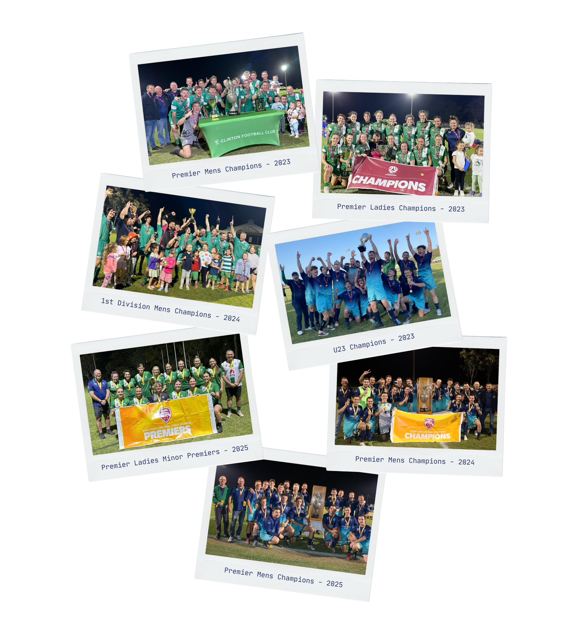 Collage of seven photos showing various sports teams and celebrations, with labels indicating championship titles from 2023 to 2025 for different divisions and genders, including men's, women's, and youth teams.