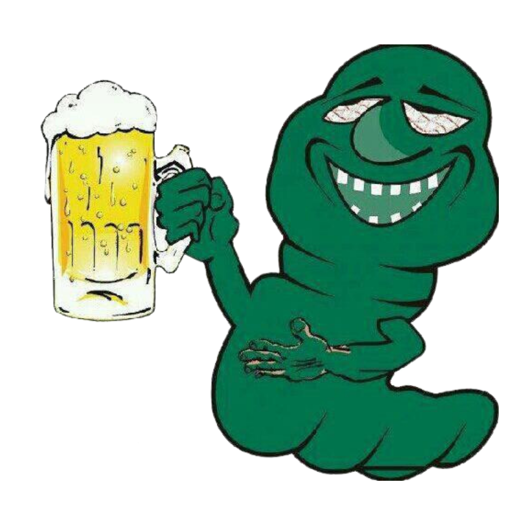 A cartoon caterpillar with a big smile holding a mug of beer.