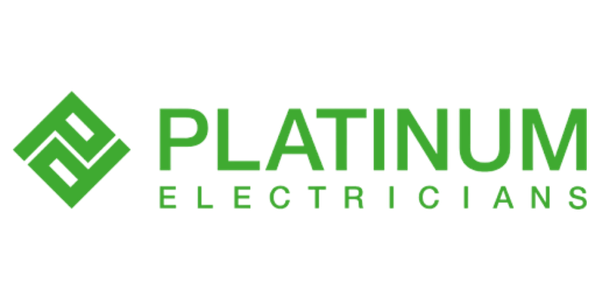Logo for Platinum Electricians with a stylized green diamond icon and green text.